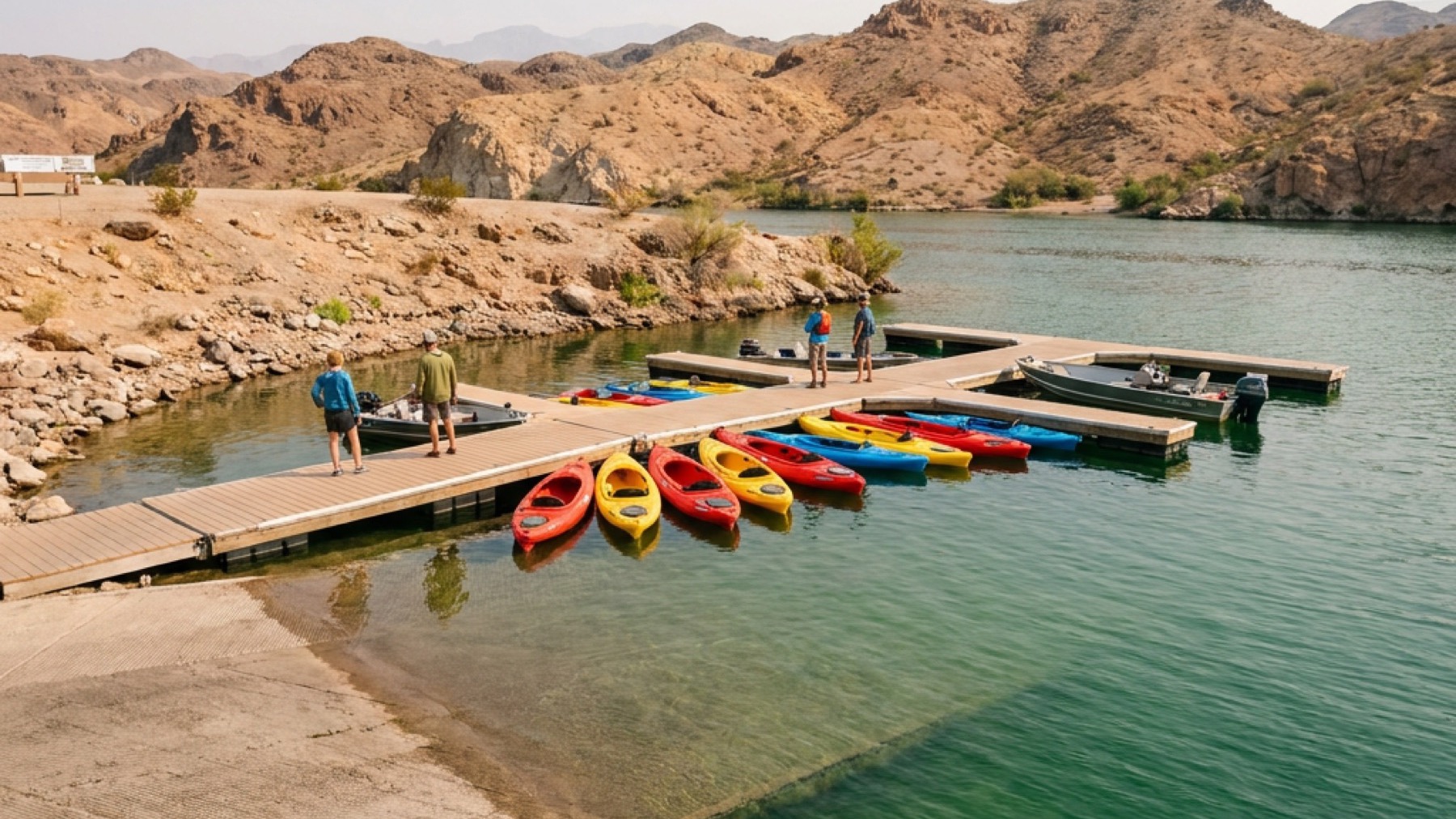 Rental kayaks lined up on the dock at Willow Beach on the Colorado River